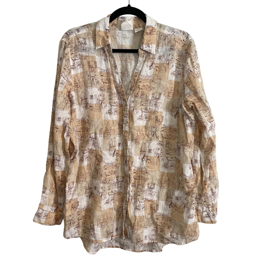 C&C California 100% Linen Toile Print Button Down Shirt Tan Cream Large